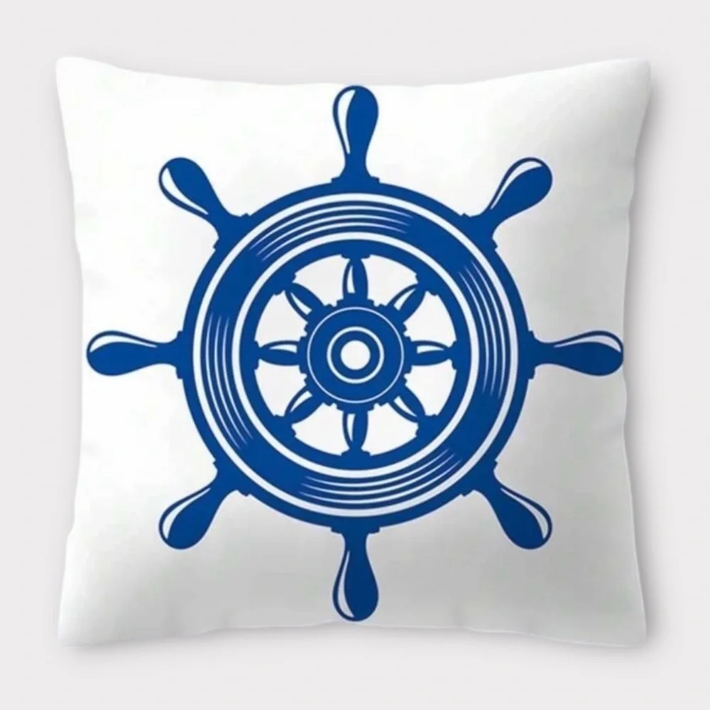 Coastal Pillow Cover Ship Wheel Nautical Beach Decor Square 17.75 in Blue White